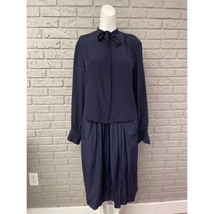 Vintage Calvin Klein Women Navy Silk Skirt / Blouse 2 Pcs Set Size 6